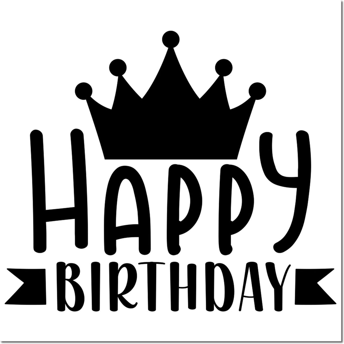 Black Happy Birthday stamp/seal with crown icon and ribbon banners on white background.