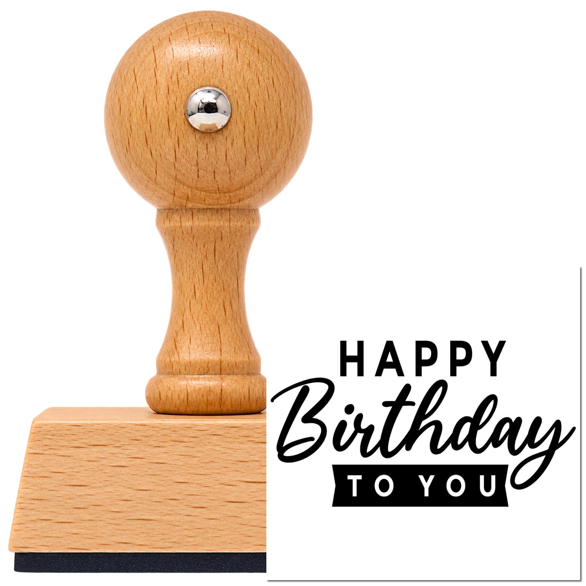 Vintage Pro beech wood stamp with a round knob handle, shown with its black Happy Birthday imprint on white.