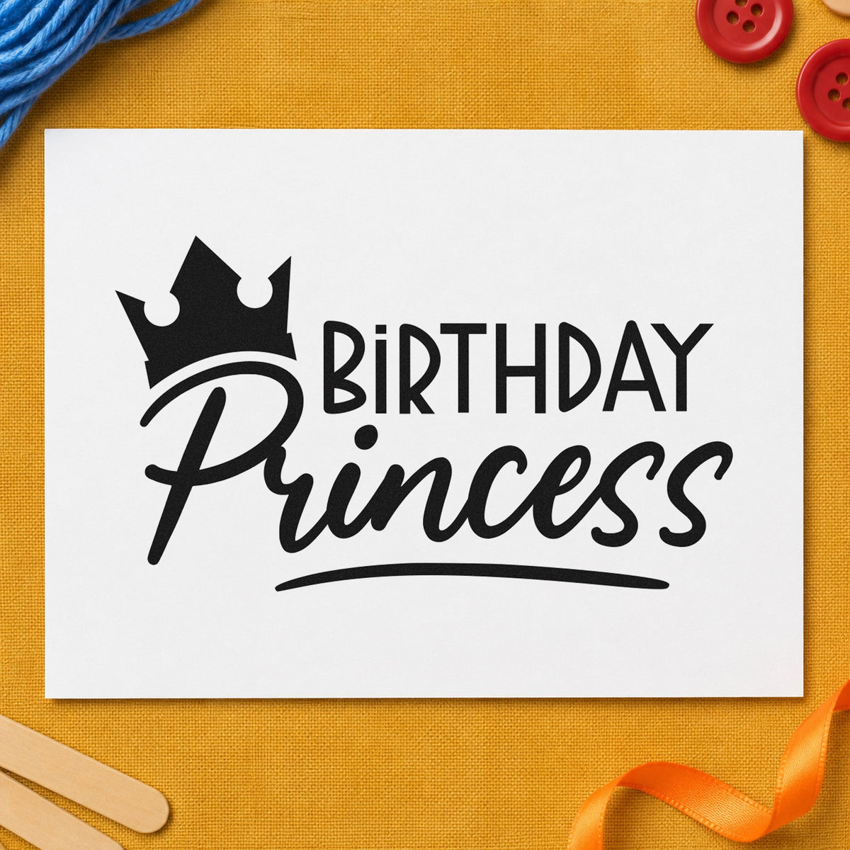 Birthday Princess Crown Script craft stamp imprint in black ink on a handmade project, one idea being costume gift tags.
