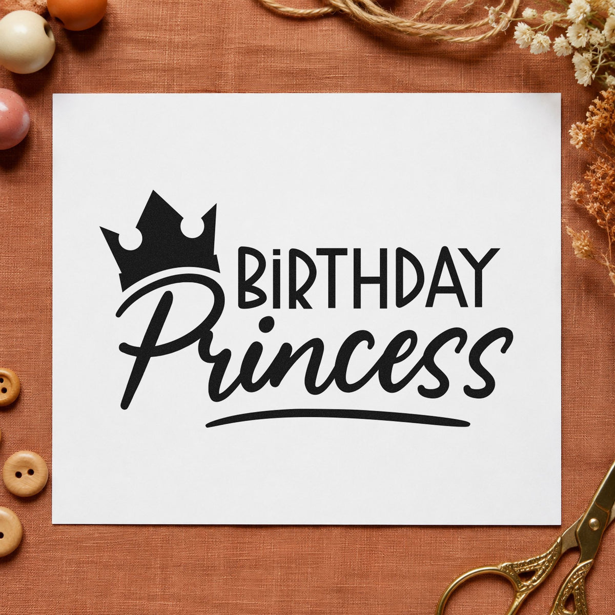 Birthday Princess Crown Script rubber stamp printed in black ink, ready for party run sheet and similar paper crafts.