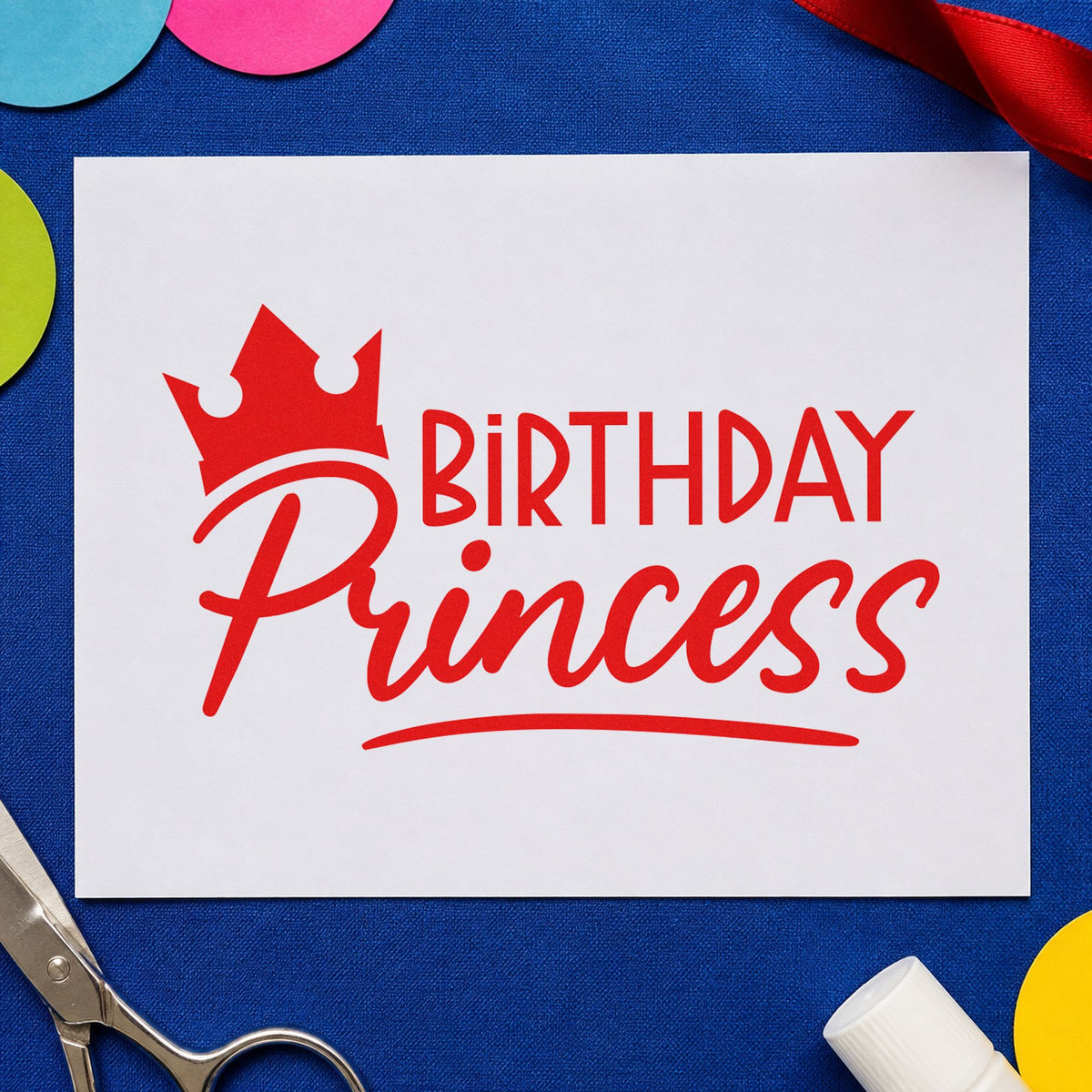 Birthday Princess Crown Script rubber stamp shown in red ink, stamped for projects such as bin dress labels.
