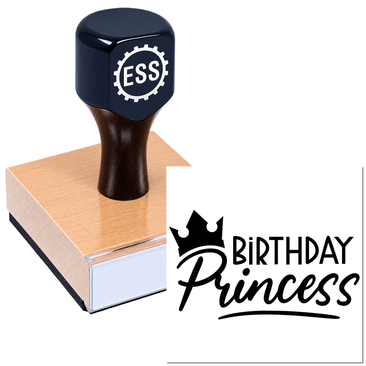 Blue-black ESS stamp seal on wooden block with pink base, featuring a Birthday Princess crown design.