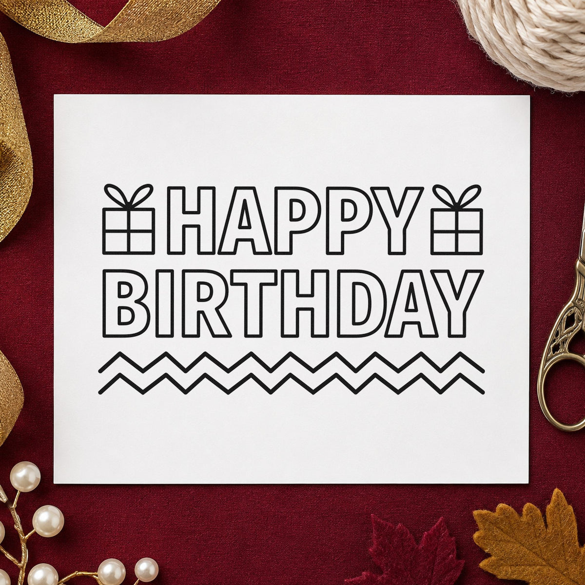 Outlined Birthday Gifts Zigzags craft stamp imprint in black ink on a handmade project, one idea being craft kit gift tags.