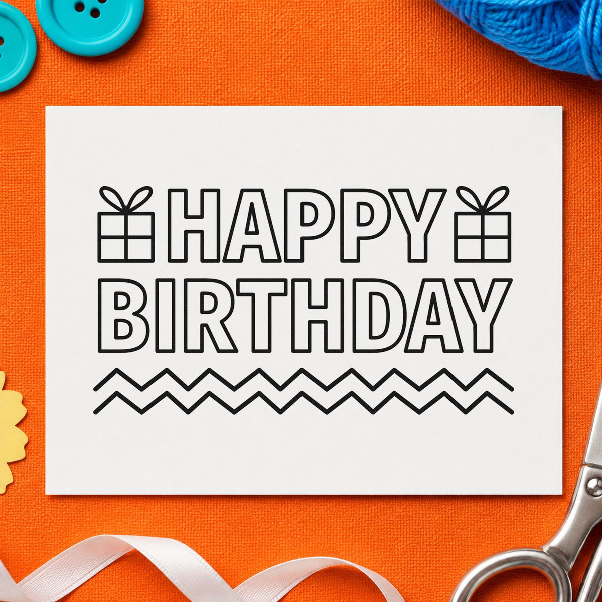 Outlined Birthday Gifts Zigzags rubber stamp printed in black ink, ready for activity plan sheet and similar paper crafts.