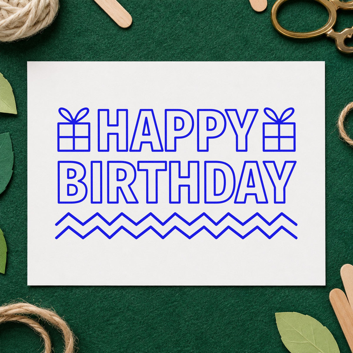 Outlined Birthday Gifts Zigzags craft stamp imprinted in blue ink on paper, a design suited to framed craft corner.
