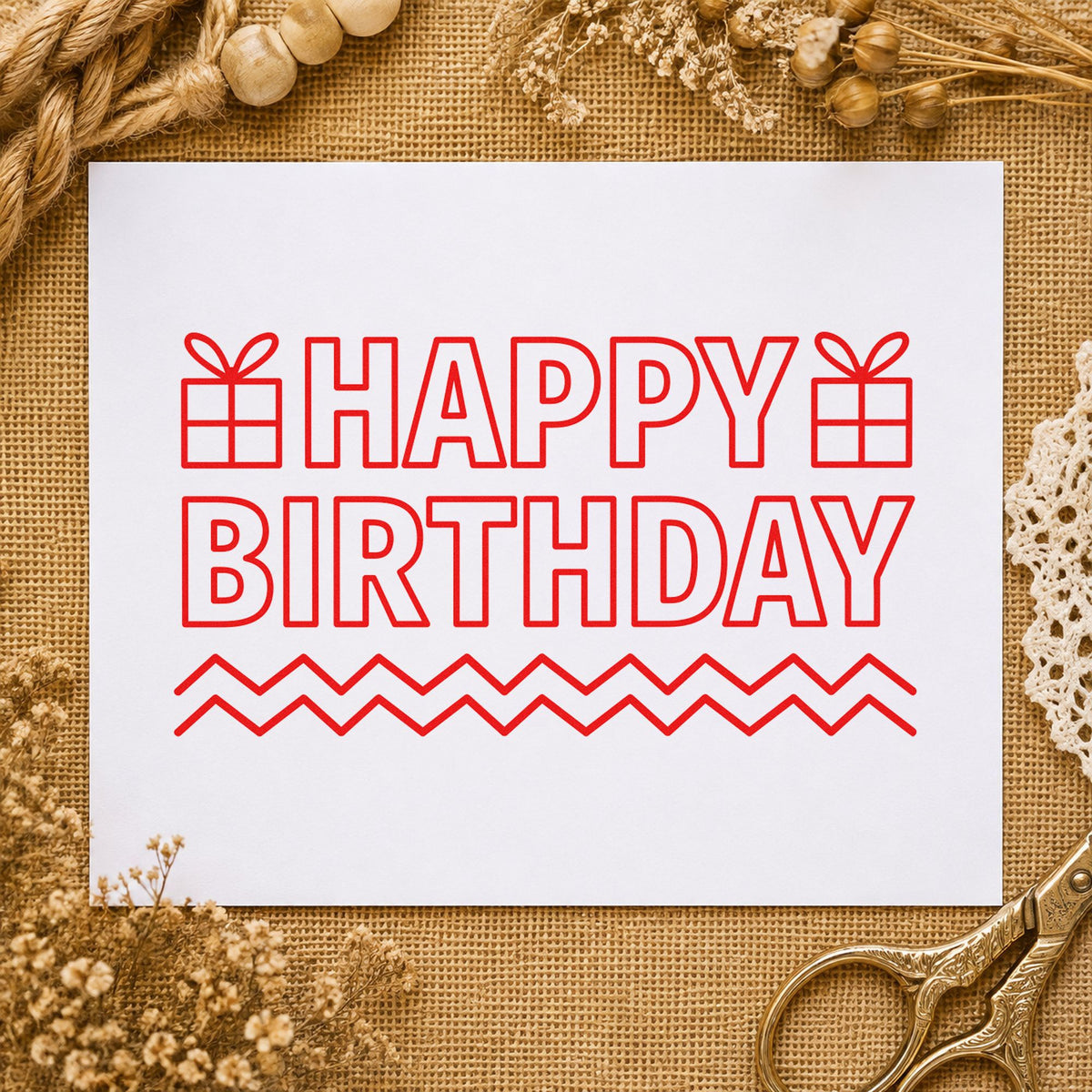 Outlined Birthday Gifts Zigzags rubber stamp shown in red ink, stamped for projects such as bin material labels.