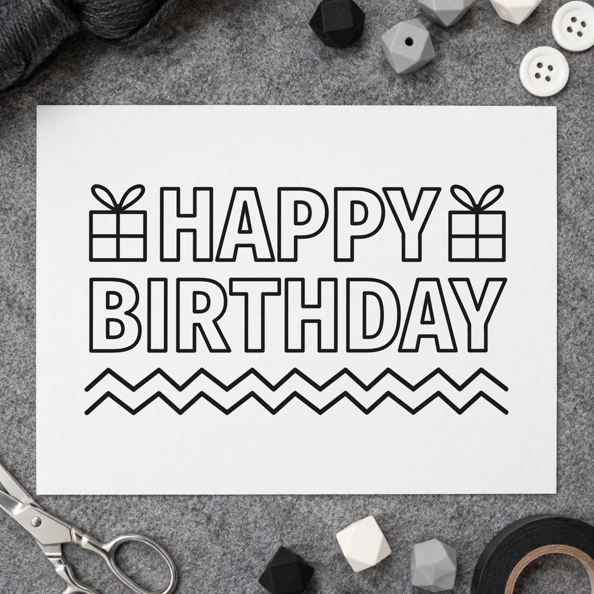 Outlined Birthday Gifts Zigzags rubber stamp printed in black ink, ready for zigzag line cards and similar paper crafts.