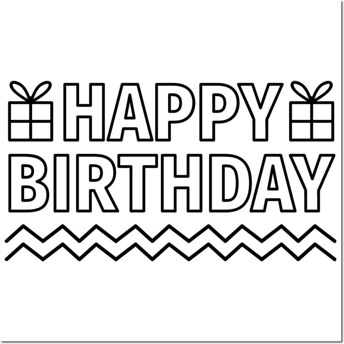 Black outlined Happy Birthday stamp seal with gift icons and zigzag borders on white background.