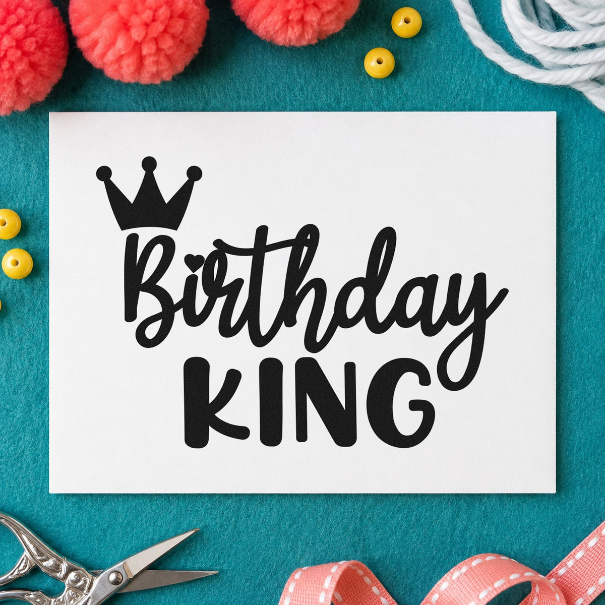 Birthday King Tilted Crown craft stamp imprint in black ink on a handmade project, one idea being morning gift tags.