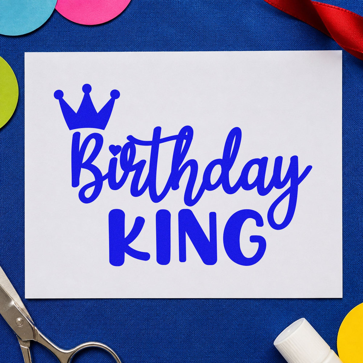 Birthday King Tilted Crown craft stamp in blue ink on cardstock, an easy option for bedroom banner printing.