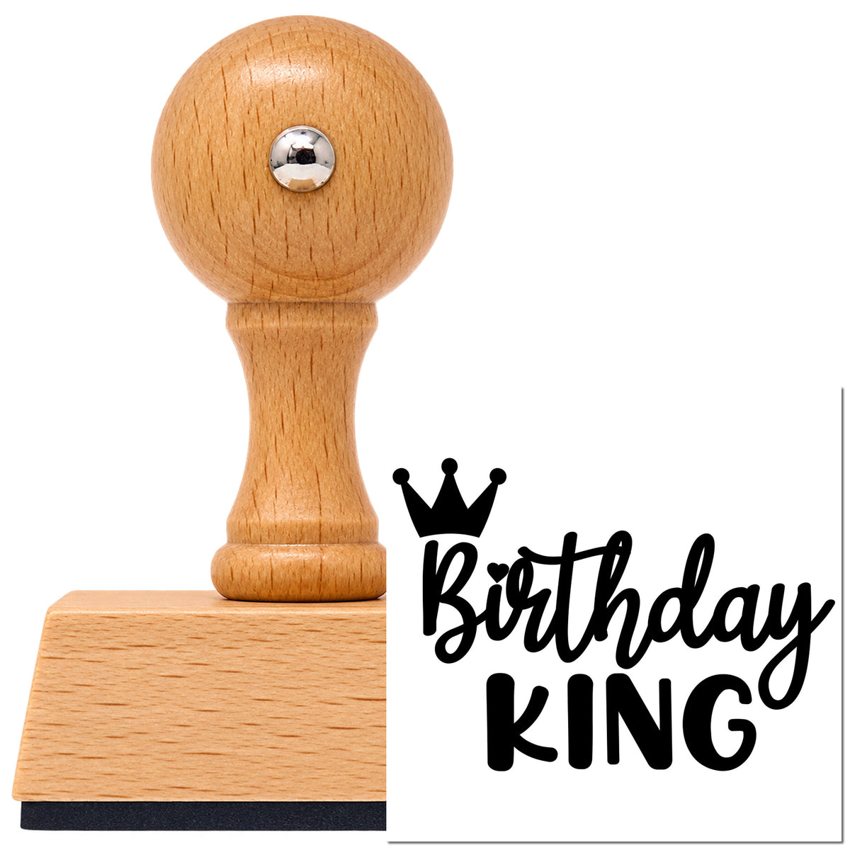 Vintage Pro beech wood stamp with a round knob handle, shown with its black Birthday King Tilted Crown imprint on white.