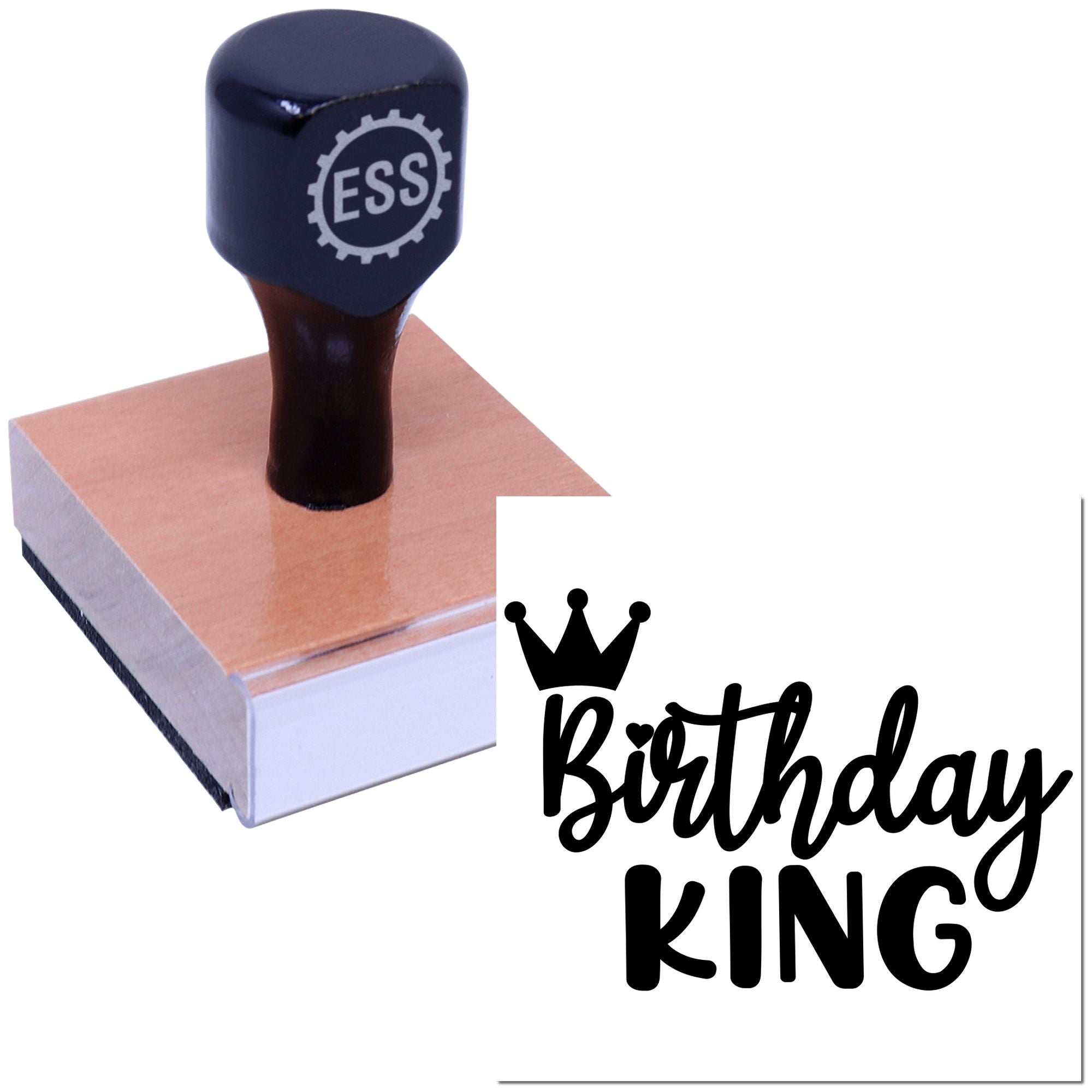 Black ESS rubber stamp and seal on rose gold base with Birthday King crown graphic on a white background