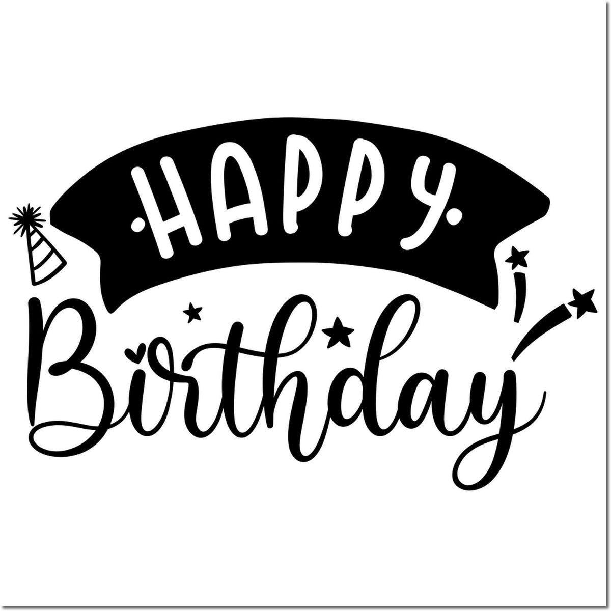 Black and white Happy Birthday stamp/seal design with curved banner, party hat, stars, and script lettering.