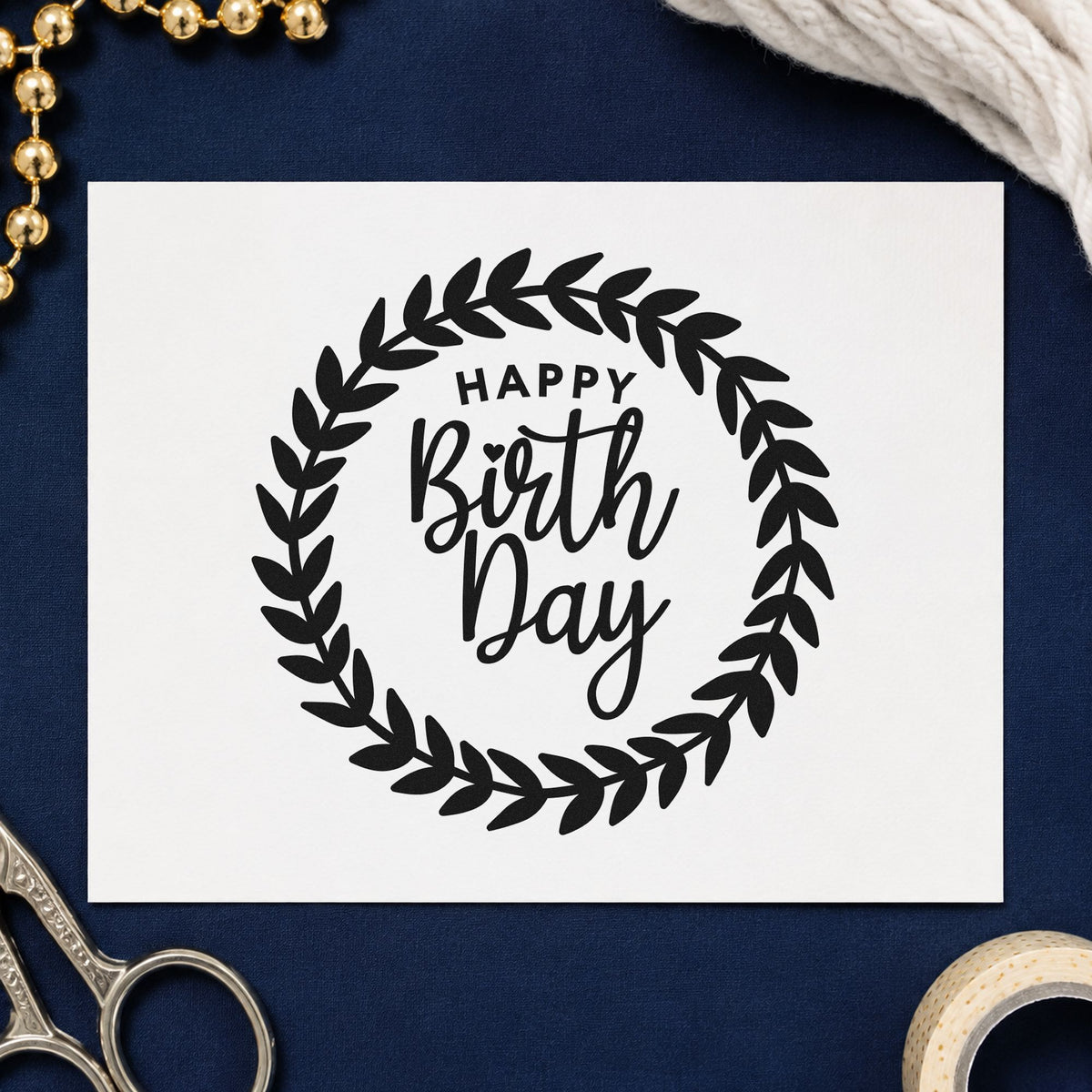 Happy Birthday Leafy Wreath craft stamp in black ink on cardstock, an easy option for woodland album page.