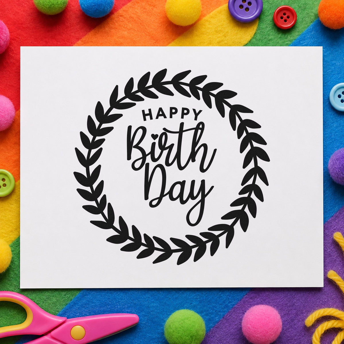 Happy Birthday Leafy Wreath craft stamp imprint in black ink on a handmade project, one idea being nature kit gift tags.