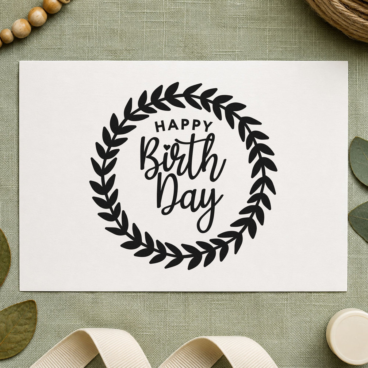 Happy Birthday Leafy Wreath rubber stamp printed in black ink, ready for trail game sheet and similar paper crafts.