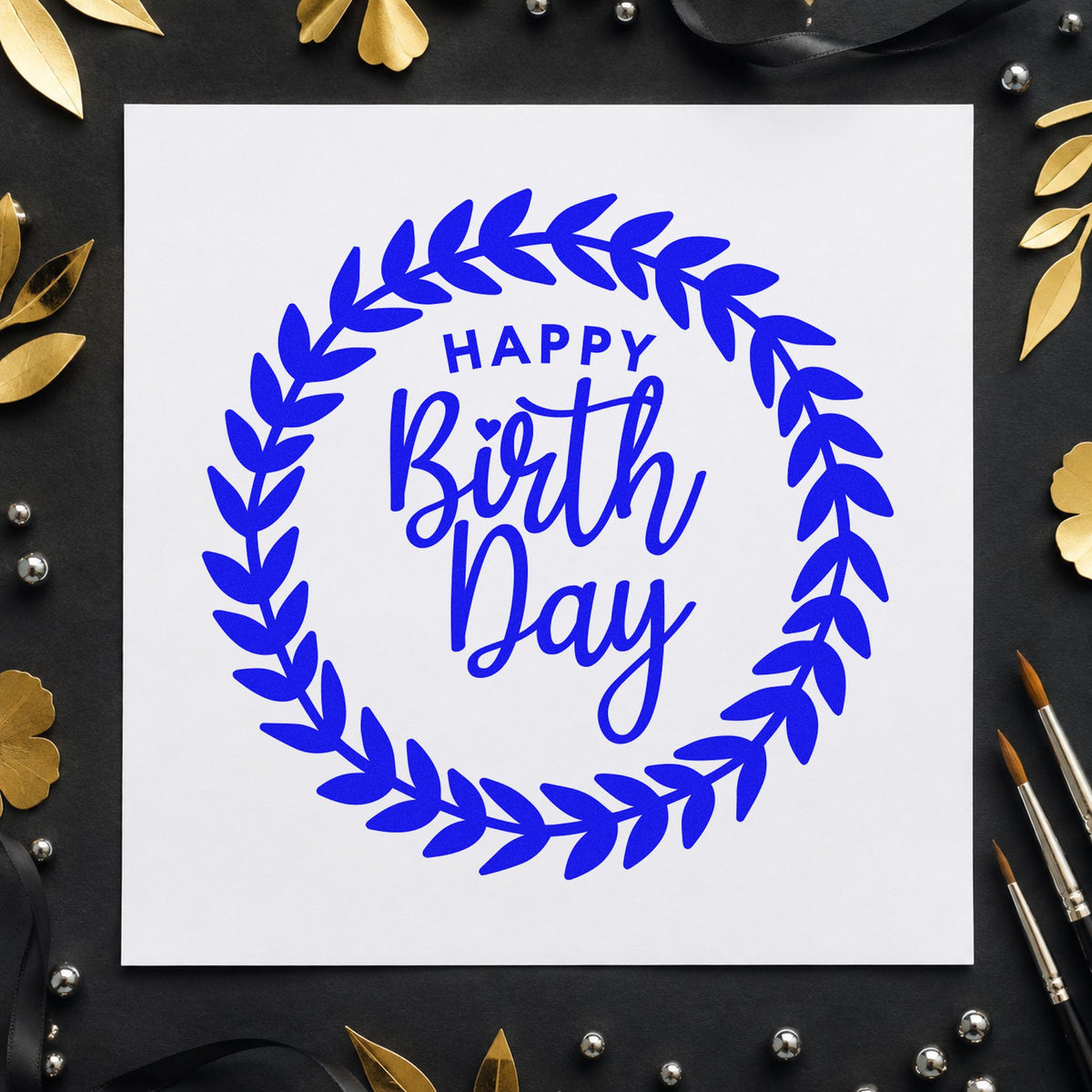 Happy Birthday Leafy Wreath craft stamp imprinted in blue ink on paper, a design suited to framed back porch.