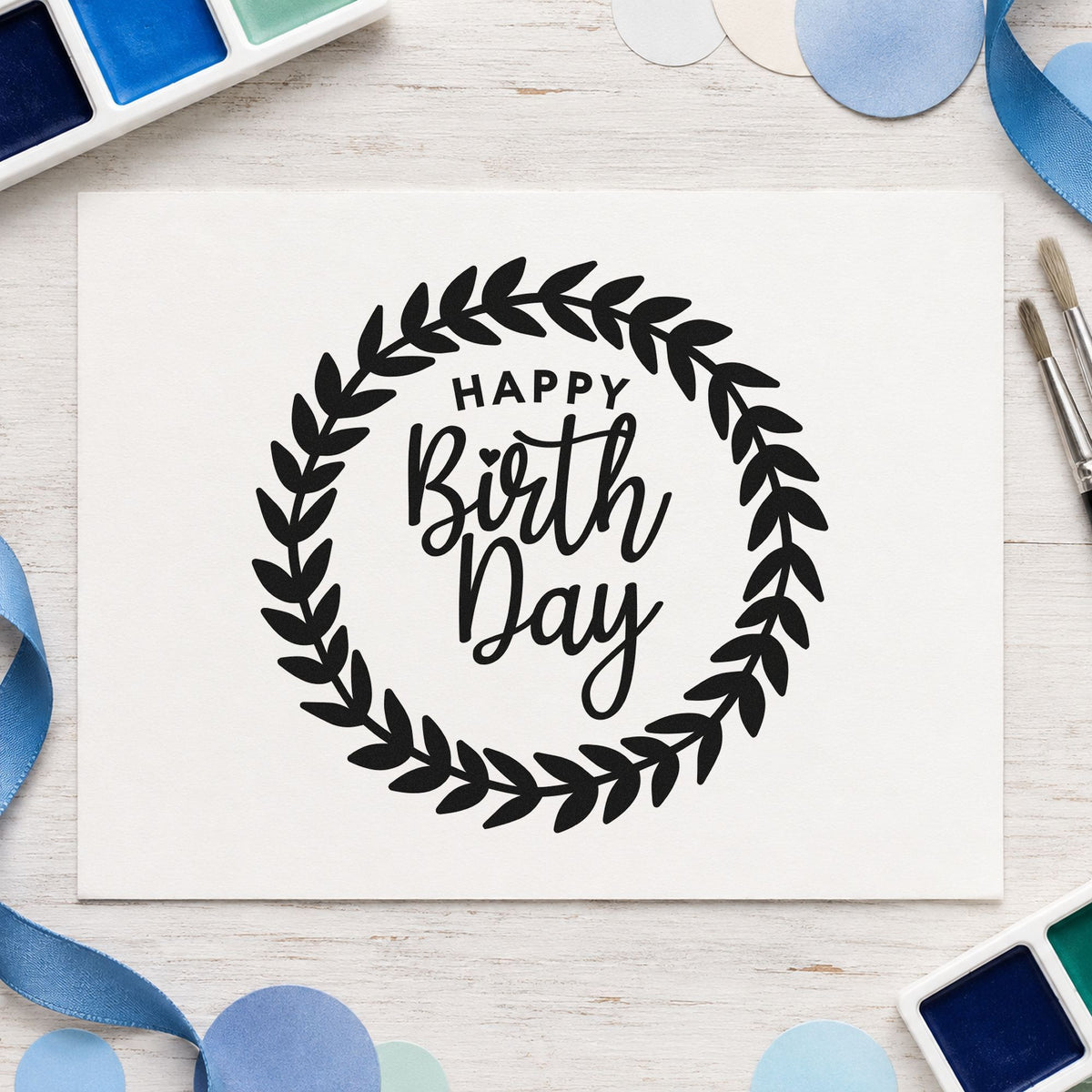 Happy Birthday Leafy Wreath rubber stamp printed in black ink, ready for bold wreath cards and similar paper crafts.