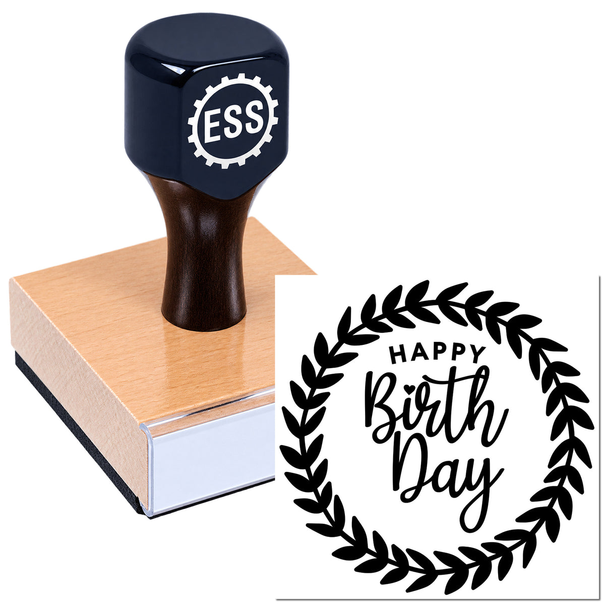 Dark navy ESSI rubber stamp with pink base and black "Happy Birth Day" laurel seal design