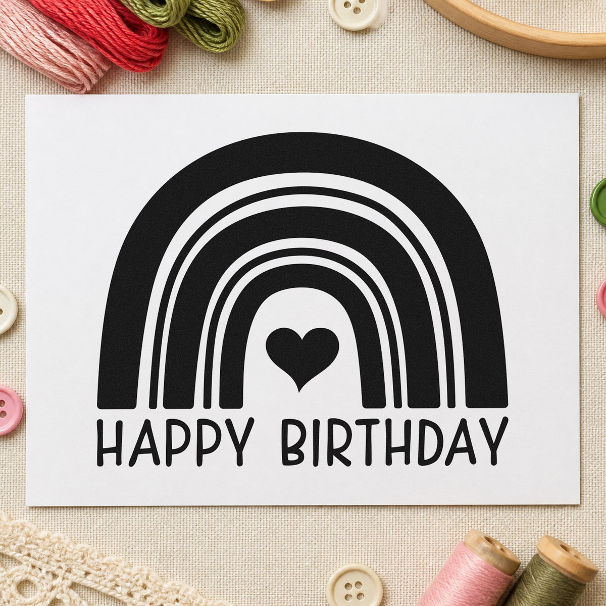 Happy Birthday Heart Rainbow craft stamp in black ink on cardstock, an easy option for rainbow party album page.