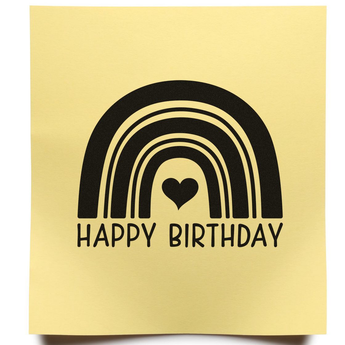 Gold foil stamp seal with black rainbow arch, heart, and Happy Birthday text