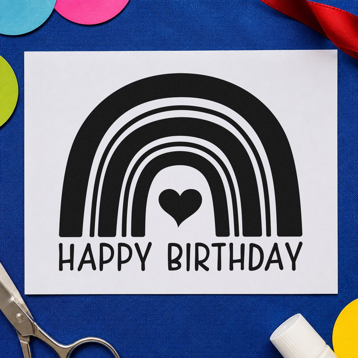 Happy Birthday Heart Rainbow craft stamp imprint in black ink on a handmade project, one idea being shade bag gift tags.