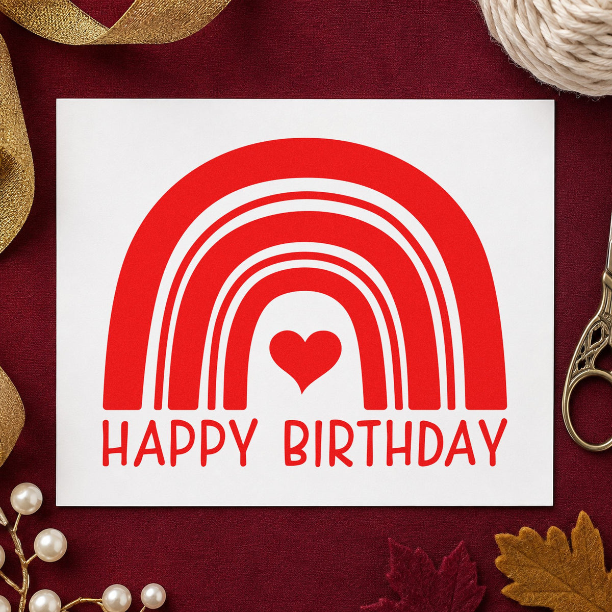 Happy Birthday Heart Rainbow rubber stamp shown in red ink, stamped for projects such as bin color labels.