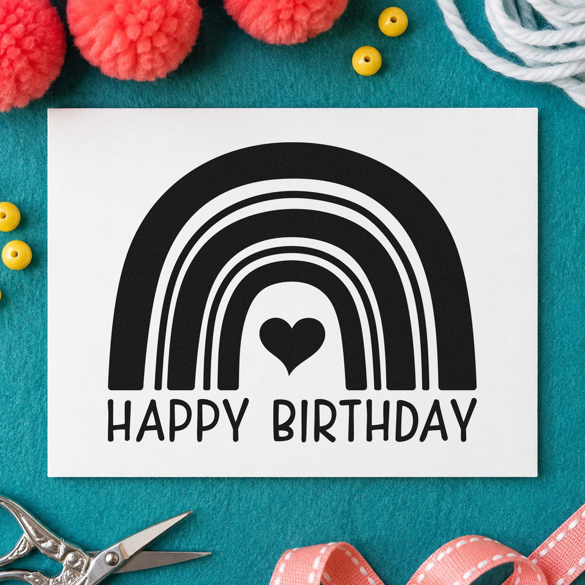 Happy Birthday Heart Rainbow rubber stamp printed in black ink, ready for central heart cards and similar paper crafts.