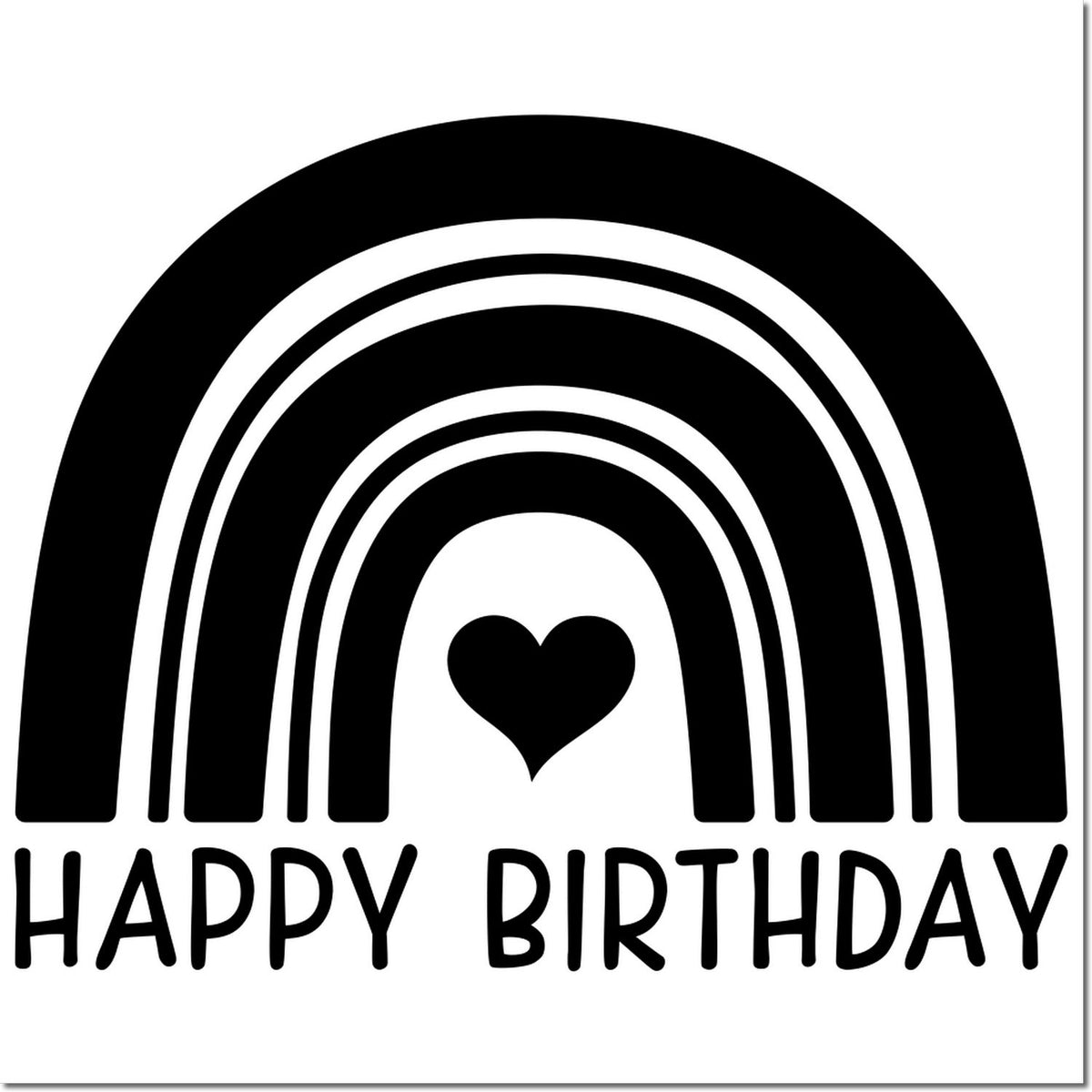 Black birthday stamp seal with rainbow arches, heart center, and Happy Birthday text on white background.