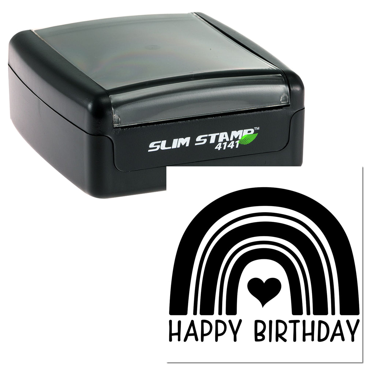 Black Slim Stamp 4141 self-inking stamp with gray top and Happy Birthday rainbow heart seal in black and white.
