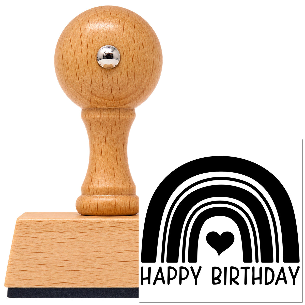 Vintage Pro beech wood stamp with a round knob handle, shown with its black Birthday Wishes Heart Rainbow imprint on white.