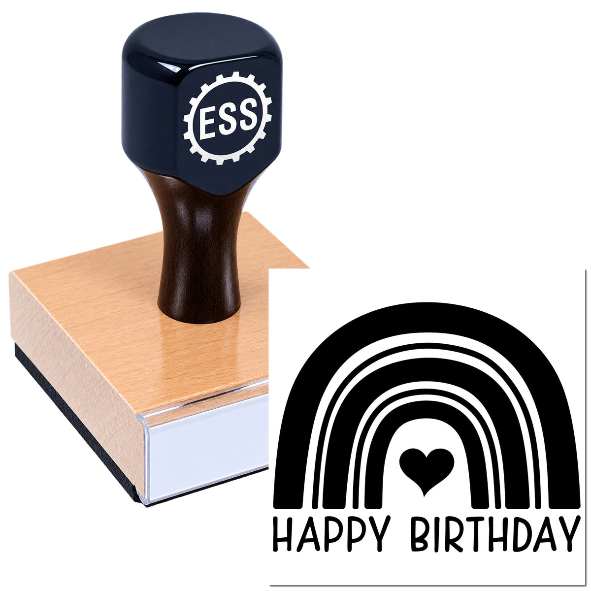 Black ESS custom stamp on pink wood block with matching Happy Birthday seal featuring a black rainbow arc and heart.