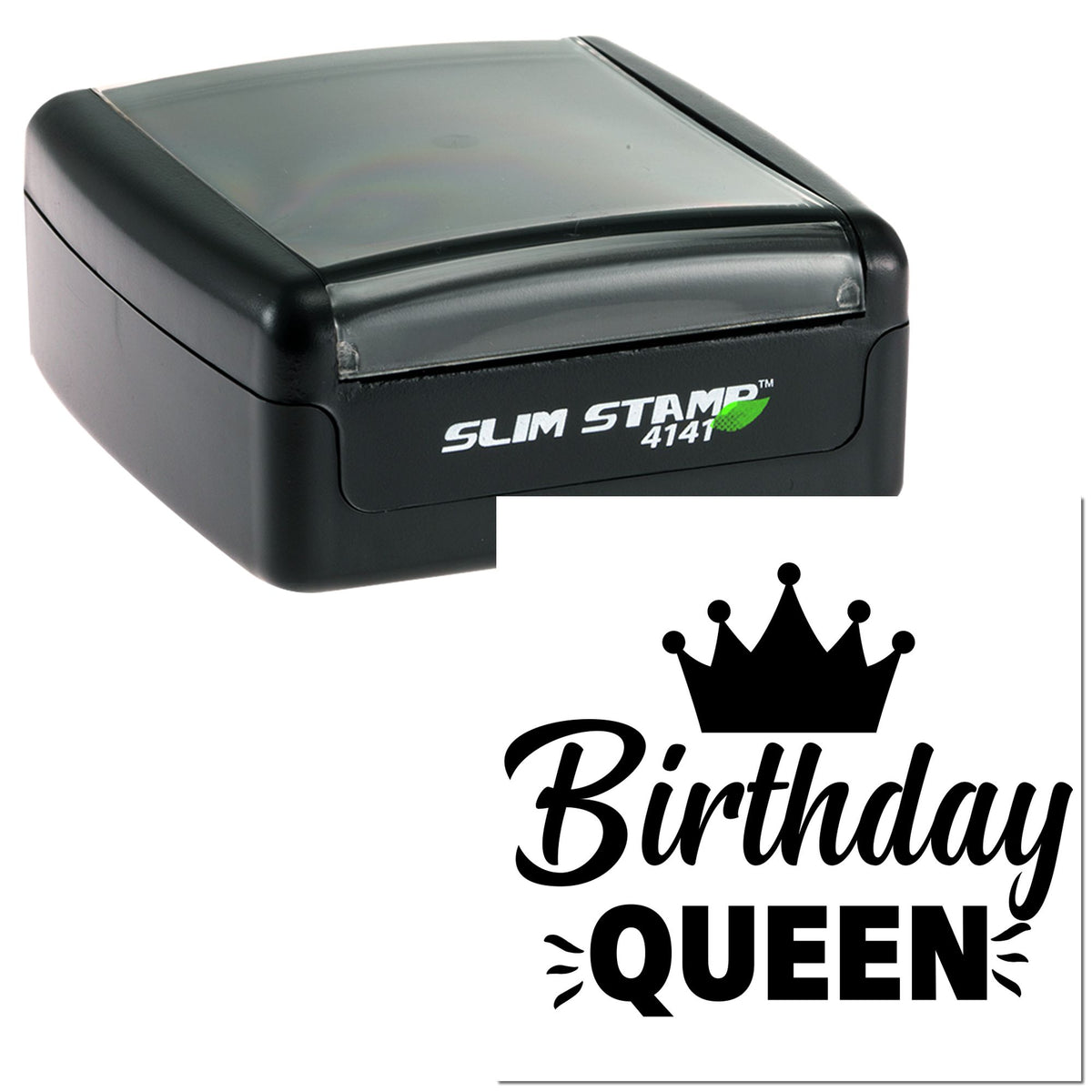 Black slim self-inking stamp and seal featuring a crown and Birthday Queen text on a white background.