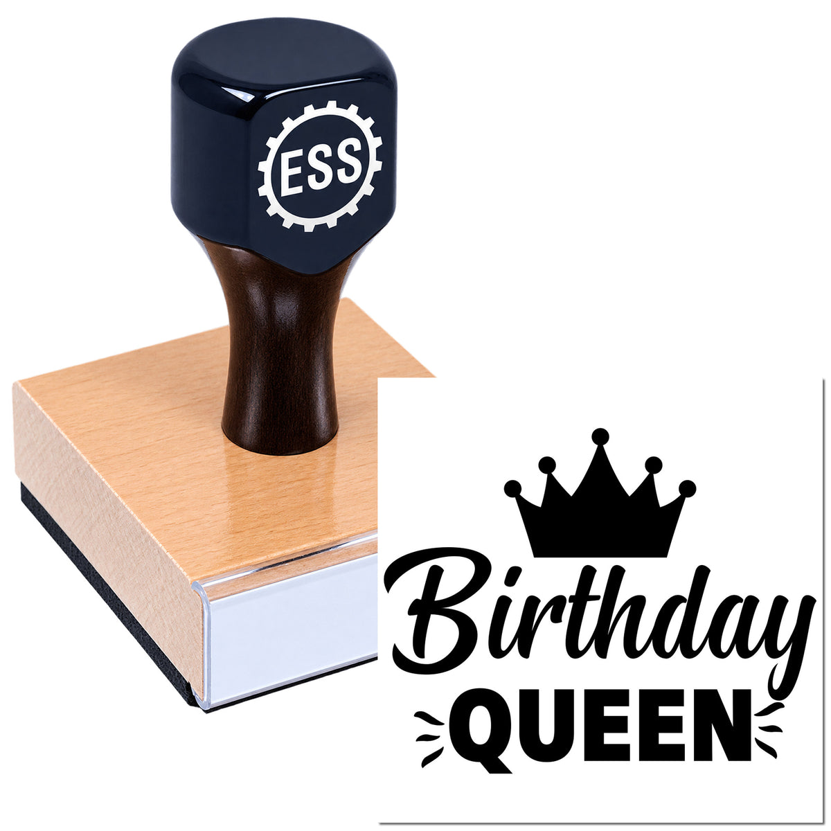 Dark blue ESSI rubber stamp on a wooden block beside a black Birthday Queen crown seal design.