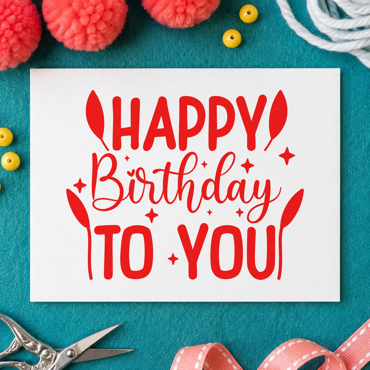 Happy Birthday To You rubber stamp shown in red ink, stamped for projects such as bin camera labels.