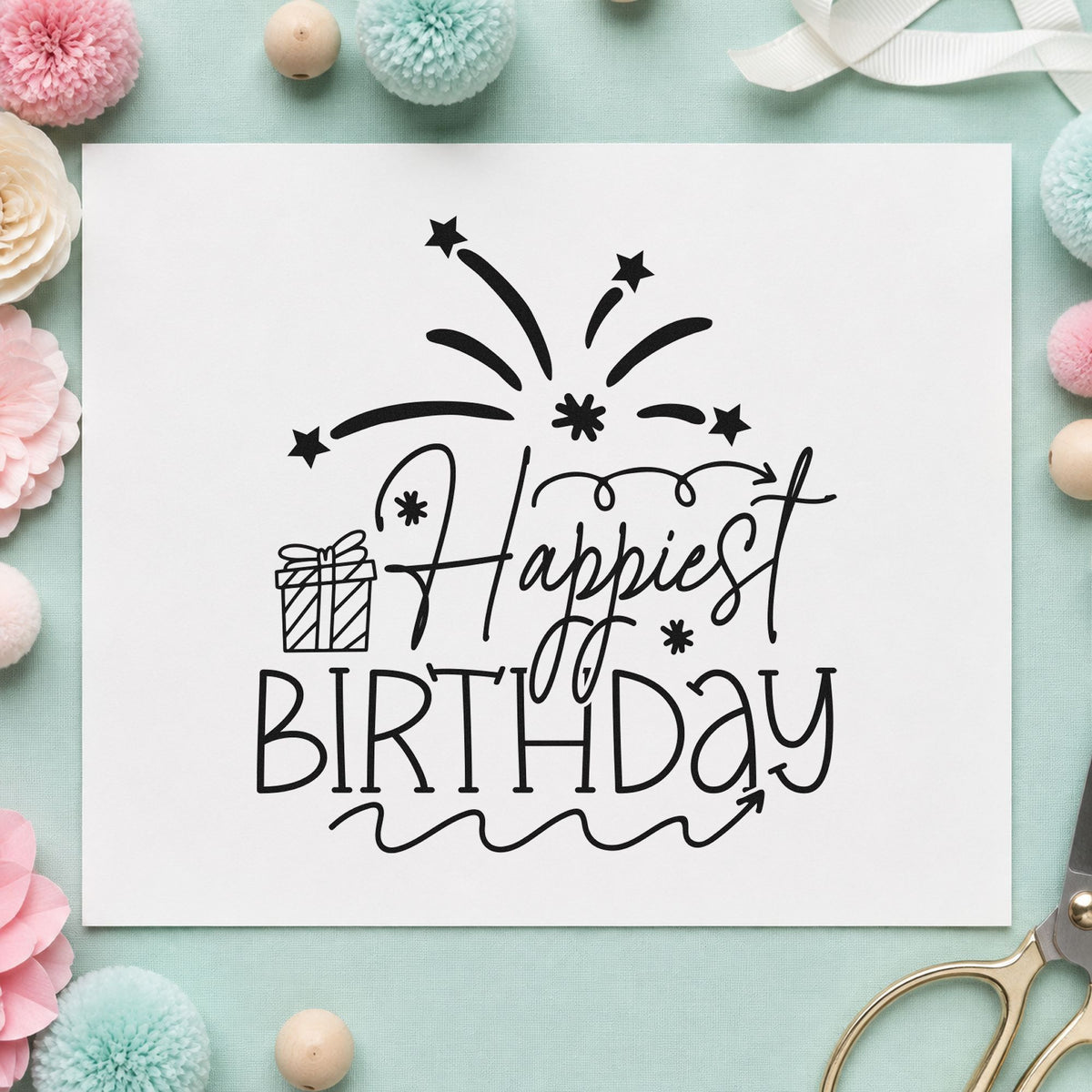 Happiest Birthday Gift Fireworks rubber stamp printed in black ink, ready for cook plan sheet and similar paper crafts.