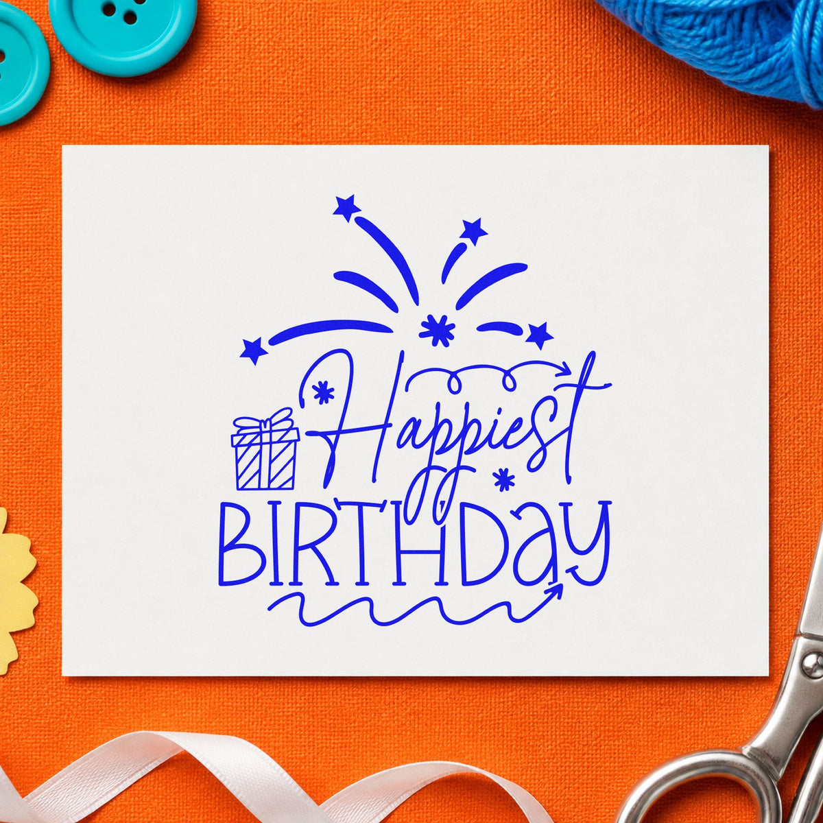 Happiest Birthday Gift Fireworks craft stamp imprinted in blue ink on paper, a design suited to framed patio wall.