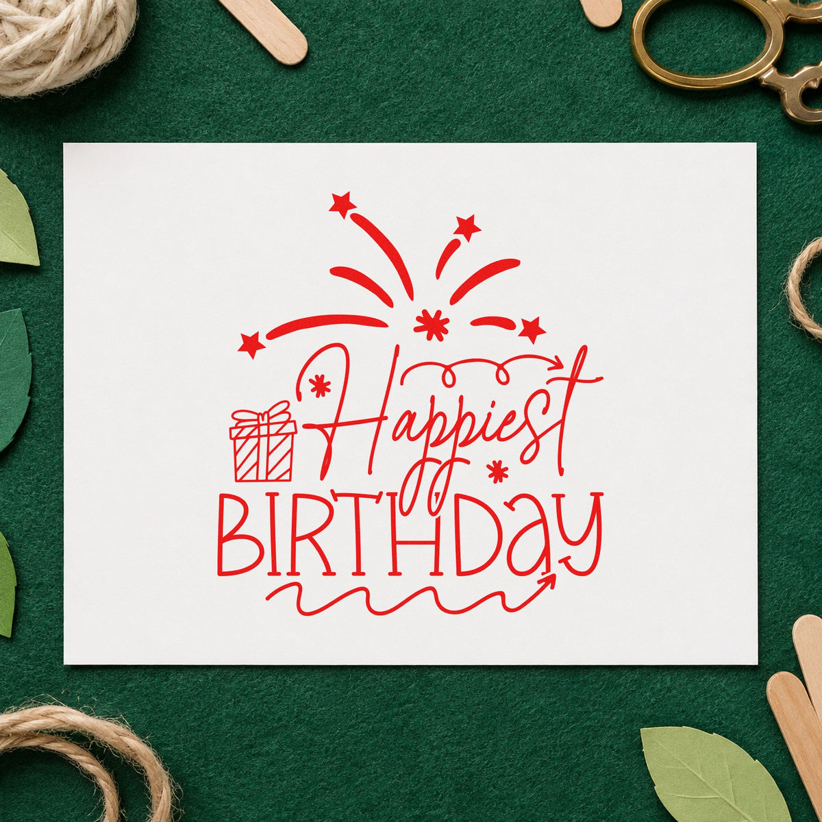 Happiest Birthday Gift Fireworks craft stamp imprint in red ink on a handmade project, one idea being yard game cards.