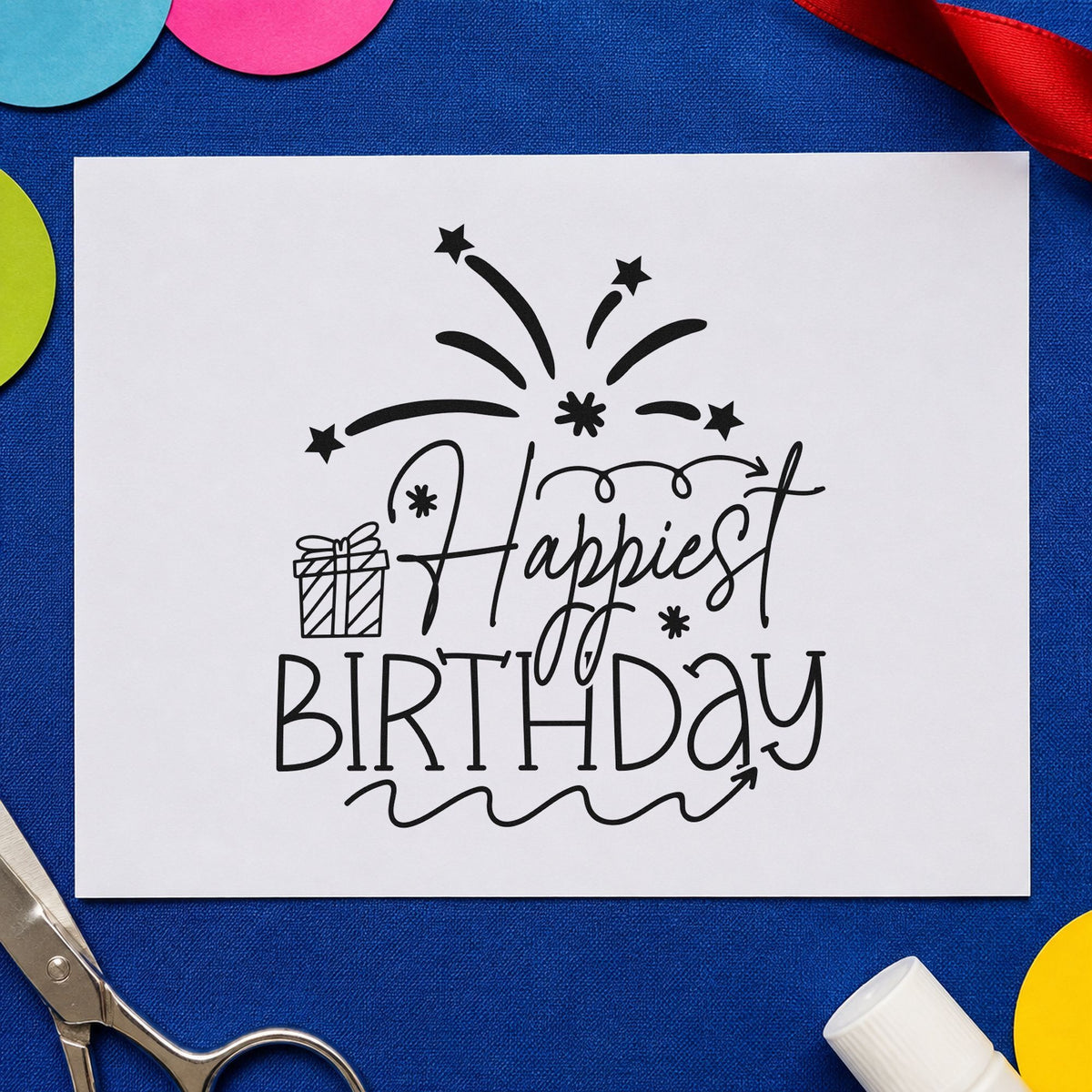 Happiest Birthday Gift Fireworks rubber stamp printed in black ink, ready for curling line cards and similar paper crafts.