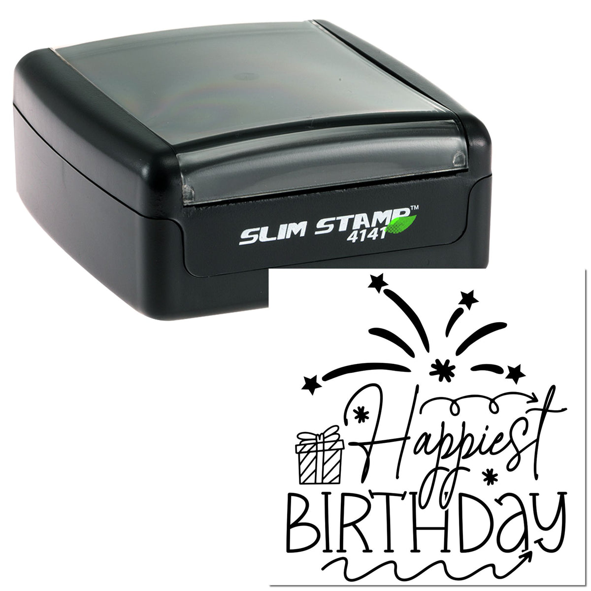 Black slim self-inking stamp and birthday seal with translucent gray cap, reading Happiest Birthday with fireworks and gift.
