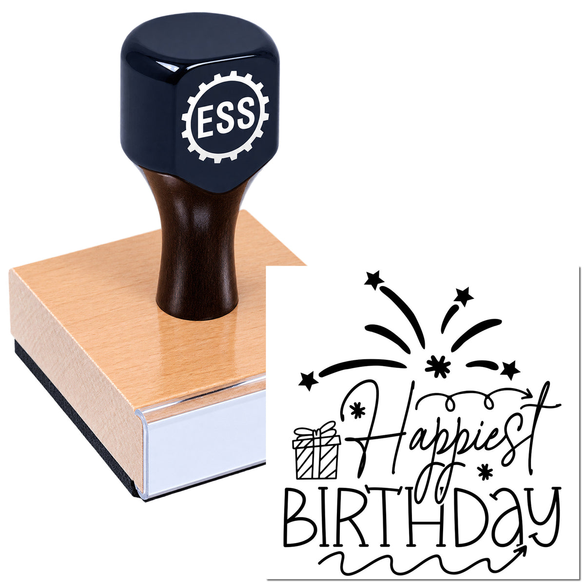 Black ESS self-inking stamp on a pink block with "Happiest Birthday" seal design and gift and fireworks icons.