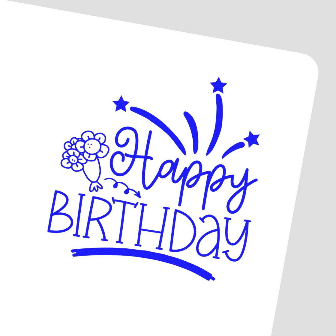 Blue Happy Birthday stamp seal with flowers, stars and fireworks on a white background.
