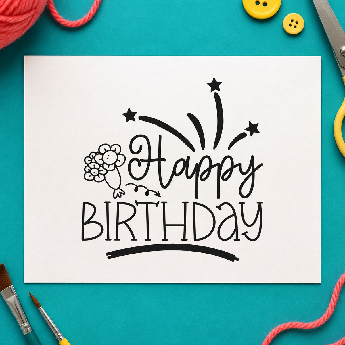 Happy Birthday Flowers Fireworks craft stamp imprint in black ink on a handmade project, one idea being wrapped stem tags.