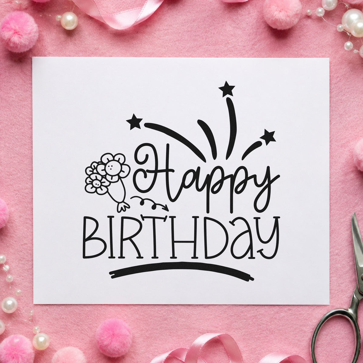 Happy Birthday Flowers Fireworks rubber stamp printed in black ink, ready for delivery round sheet and similar paper crafts.