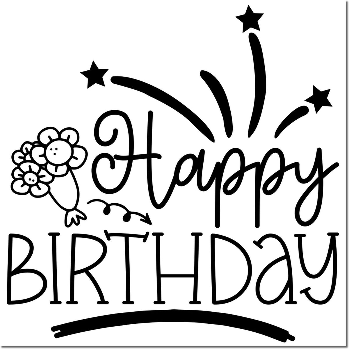 Black birthday stamp/seal design with Happy Birthday script, flowers, stars, and fireworks on a white background.