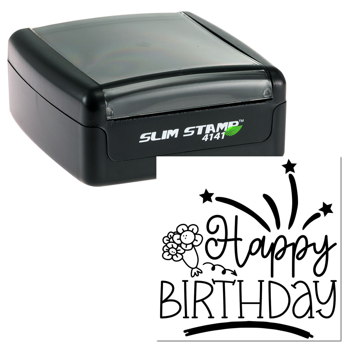 Black self-inking Slim Stamp 4141 with gray top and Happy Birthday seal design featuring stars and flowers.