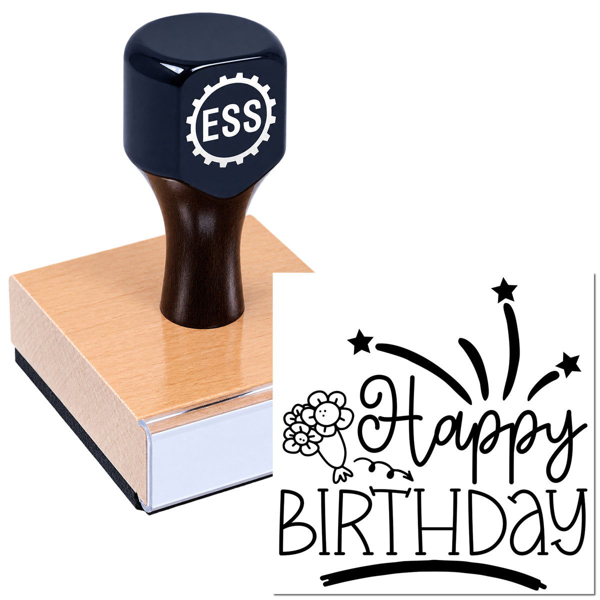 Black rubber stamp on a wooden base, with a Happy Birthday seal design, stars, flowers, and white background.
