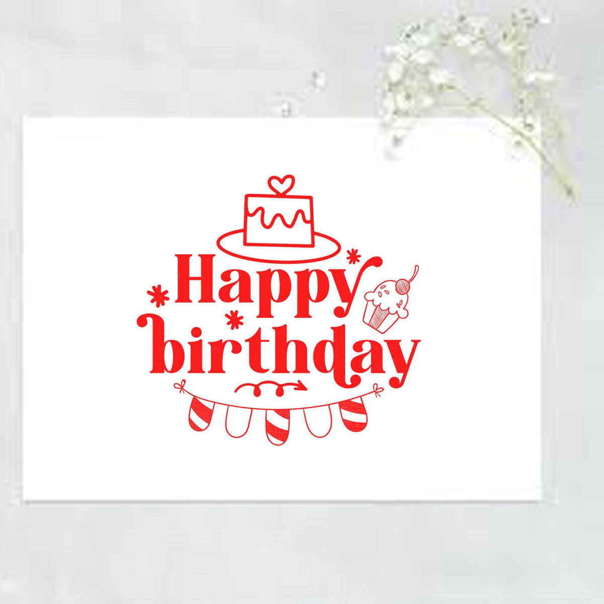 Red Happy Birthday stamp seal with cake, cupcake, and bunting on a white card background.