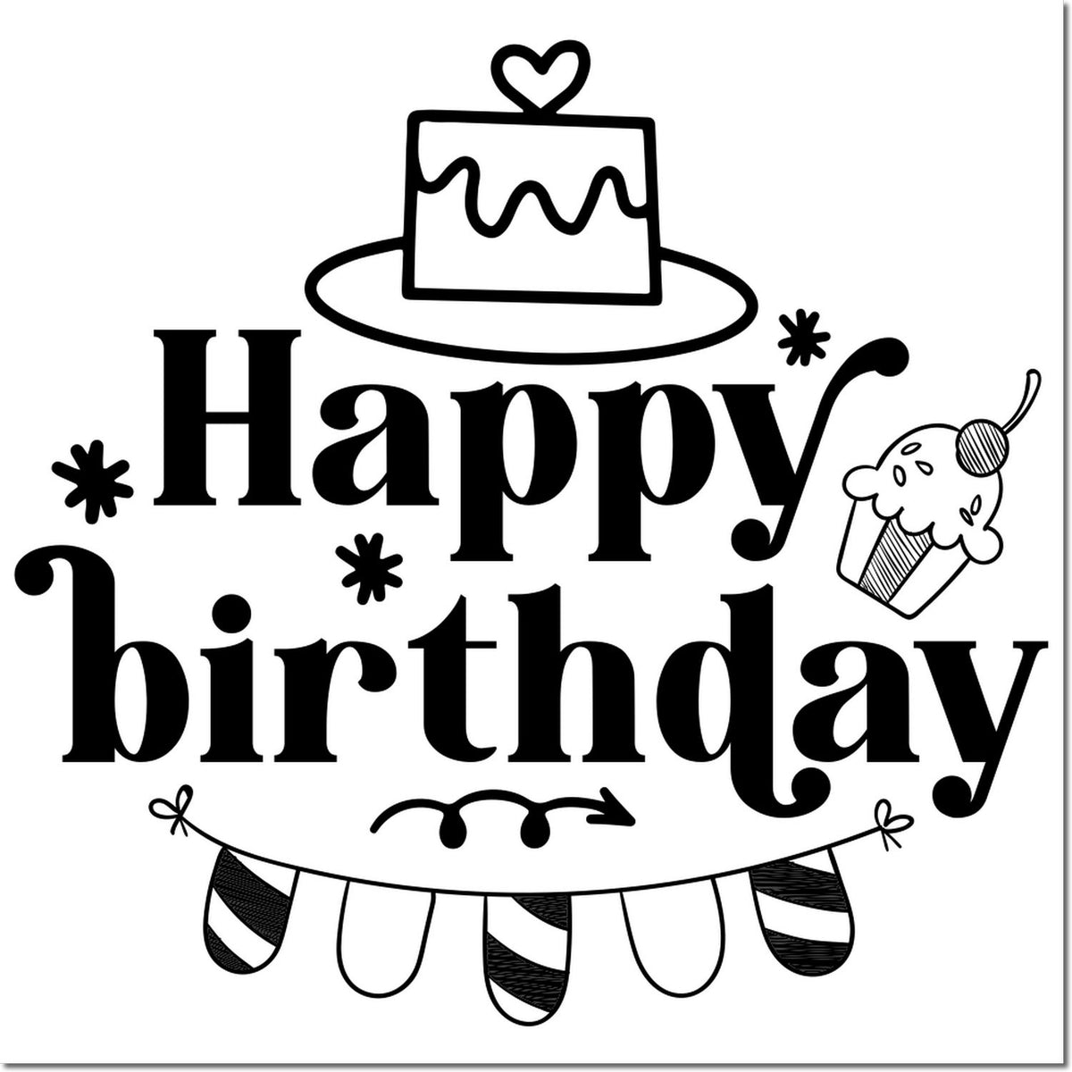 Black-and-white Happy Birthday stamp and seal design with cake, cupcake, and bunting decorations.