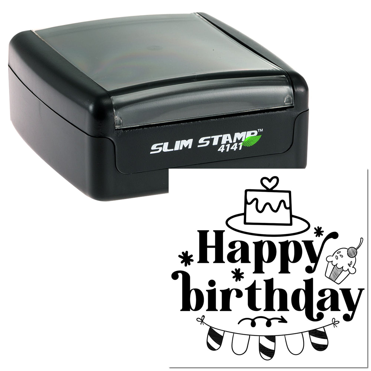 Black slim self-inking stamp and seal with Happy birthday text, cake icon, and black-and-white design.